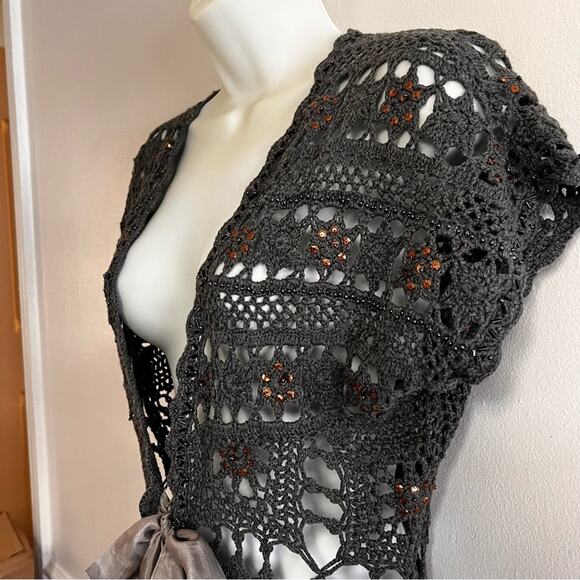 Boston Proper | XS Smoky Gray Lacy Crochet Look Open Weave Cardigan, Fabric Bow - Picture 6 of 16